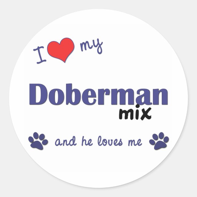 Pegatina Redonda Amo Mi Doberman Mix (Perro Hombre) (Anverso)