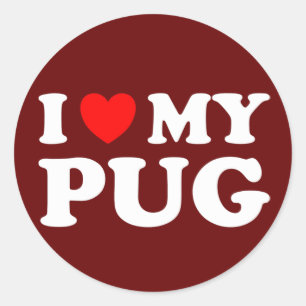 Pegatina Redonda Amo Mi Pug Con Corazón Rojo