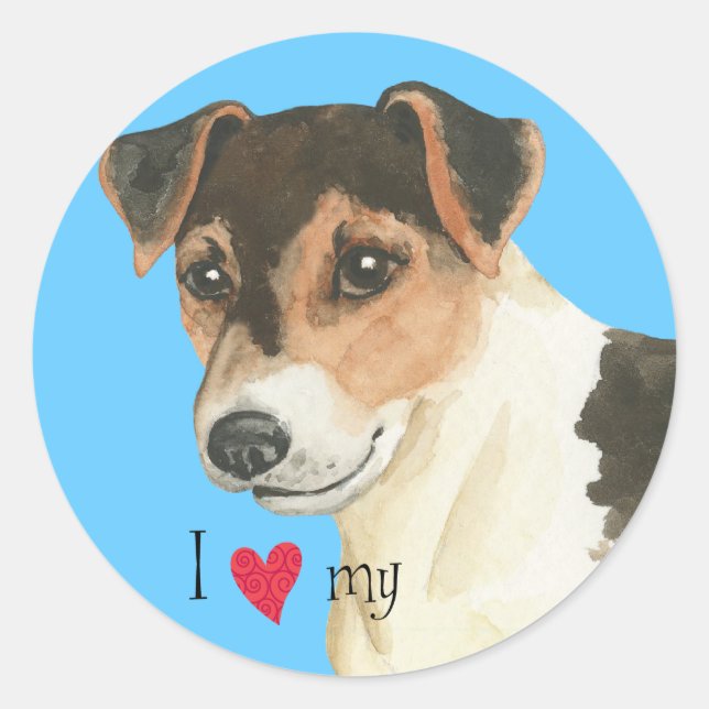 Pegatina Redonda Amo mi Russell Terrier (Anverso)