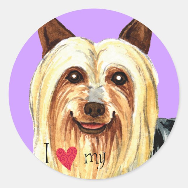 Pegatina Redonda Amo mi Silky Terrier (Anverso)