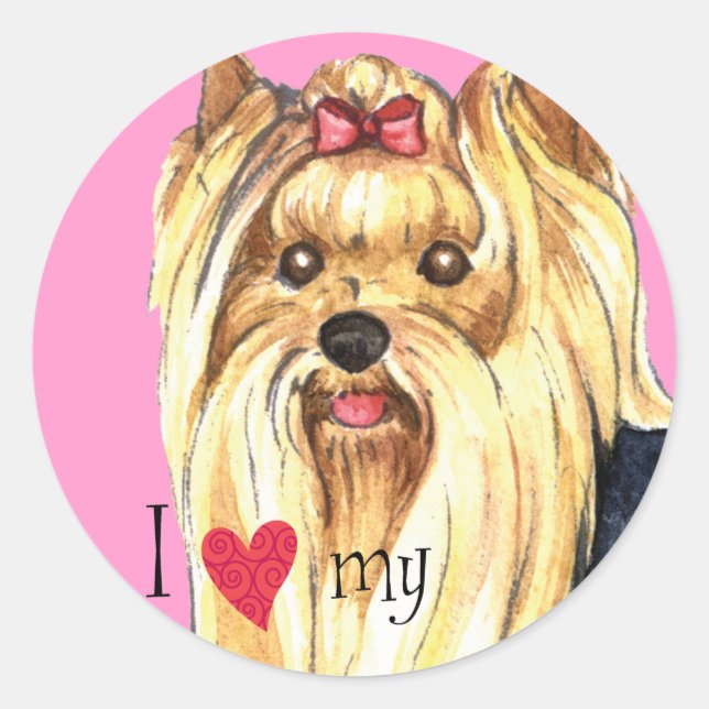 Pegatina Redonda Amo mi Yorkie (Anverso)