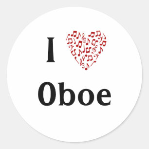 Pegatina Redonda Amo Oboe Corazón Rojo de Notas Musicales