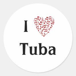 Pegatina Redonda Amo Tuba Corazón Rojo de Notas Musicales