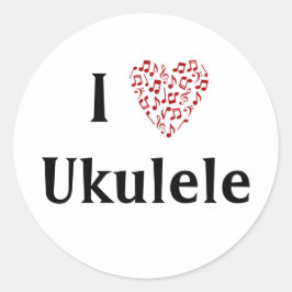 Pegatina Redonda Amo Ukulele Corazón Rojo de Notas Musicales
