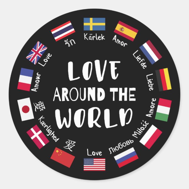 Pegatina Redonda Amor alrededor de idiomas del mundo  (Anverso)