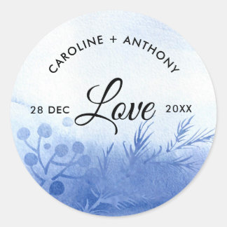 Pegatina Redonda Amor. Boda de ramas de invierno de color azul