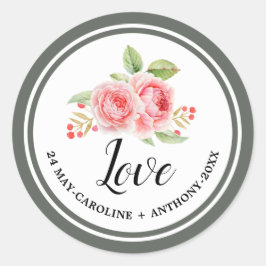Pegatina Redonda Amor. Boda de Rosas de acuarela
