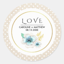 Pegatina Redonda Amor. Boda de textura romántica con arpillera flor