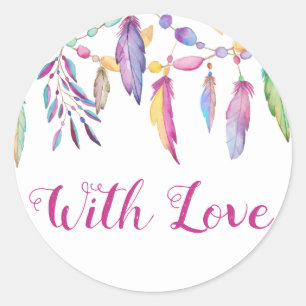 Pegatina Redonda Amor Boho Pluma Acuarela Boda India