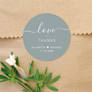 Pegatina Redonda Amor Chic Y Gracias Verde Salvia Boda Agradecimien