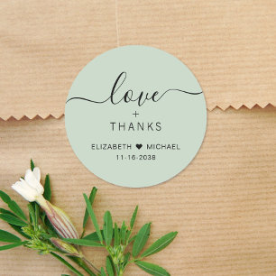 Pegatina Redonda Amor Chic Y Gracias Verde Salvia Boda Agradecimien