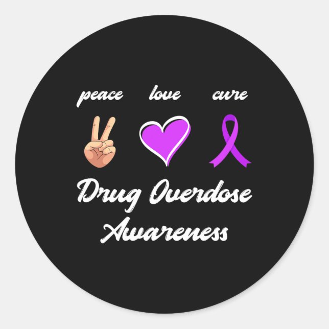 Pegatina Redonda Amor Cure Drug Purple Ribbon Sobredosis Conciencia (Anverso)