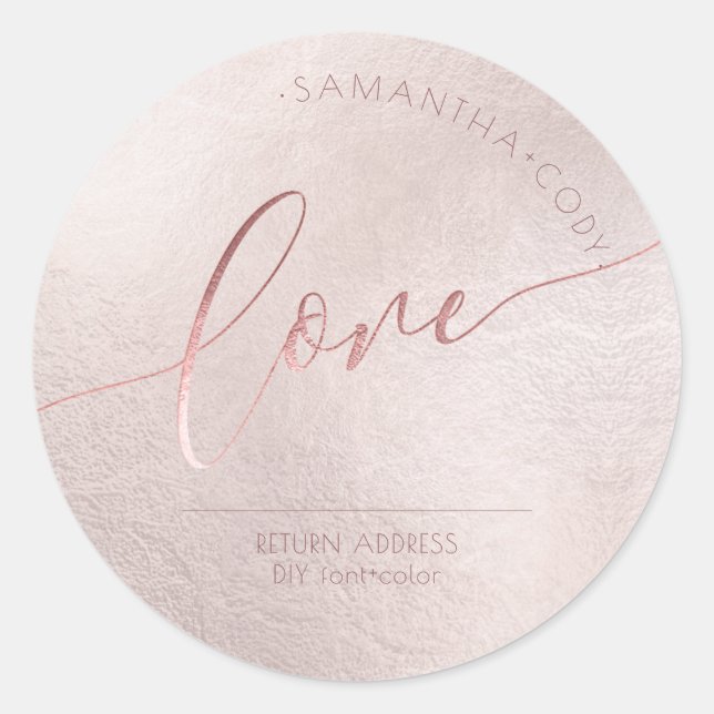 Pegatina Redonda Amor de Caligrafía Rosa Suave con Hoja de Oro Fals (Anverso)