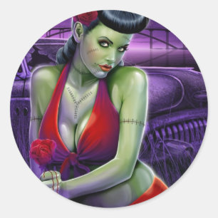 Pegatina Redonda amor de chica zombie con auto antiguo rosa