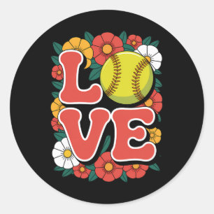 Pegatina Redonda Amor de Sóftbol Poder Floral Retro Deportes