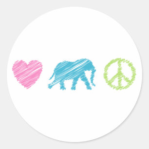 Pegatina Redonda Amor, elefante y paz
