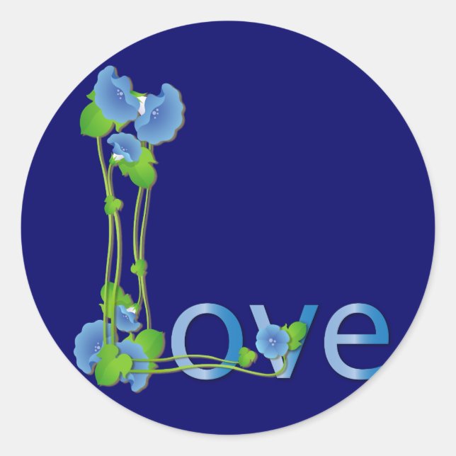 Pegatina Redonda Amor en las flores azules (Anverso)