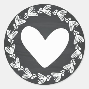 Pegatina Redonda Amor Floral Vintage Corazón Blanco Pizarra Negra