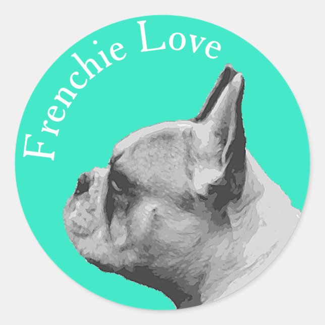 Pegatina Redonda Amor francés / Bulldog francés | Color Aqua (Anverso)