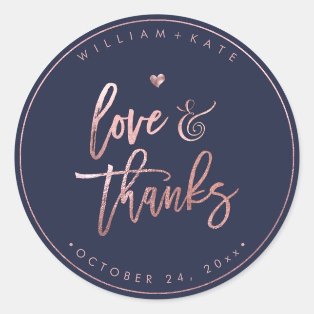 Pegatina Redonda Amor+Gracias, escritura moderna Rosa oro+azul de l (Anverso)