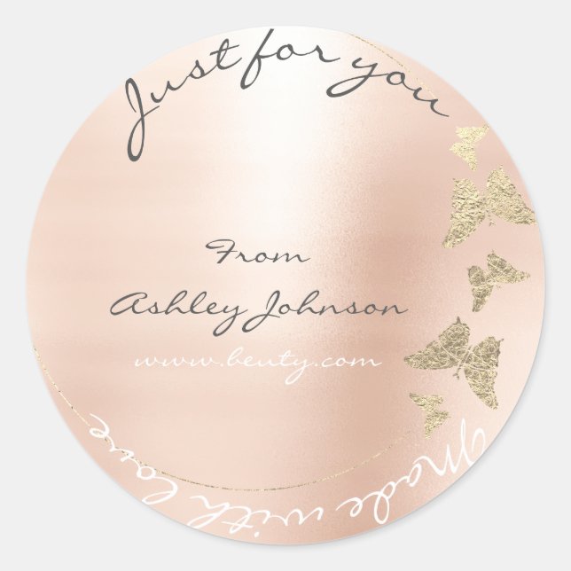 Pegatina Redonda Amor Hecho Por Ti Nombre Mariposa Rosa Gray Gold (Anverso)