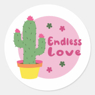 Pegatina Redonda Amor Interminable Kawaii Cactus Verde Con Texto Ro