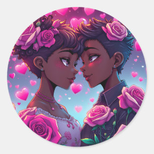 Pegatina Redonda Amor LGBT   Pareja anime afroamericana