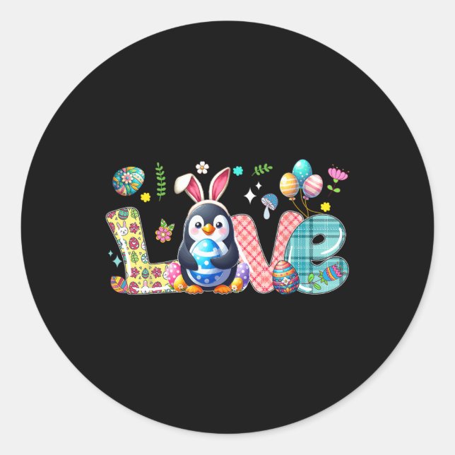 Pegatina Redonda Amor Pascua Bunny Penguin Cazando Huevos Flores Co (Anverso)