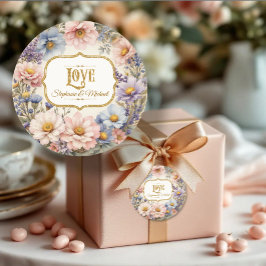 Pegatina Redonda AMOR Típografía floral vintage Azul rosa y oro