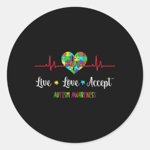 Pegatina Redonda Amor Vivo Aceptar Autismo Conciencia Heartbeat Azu