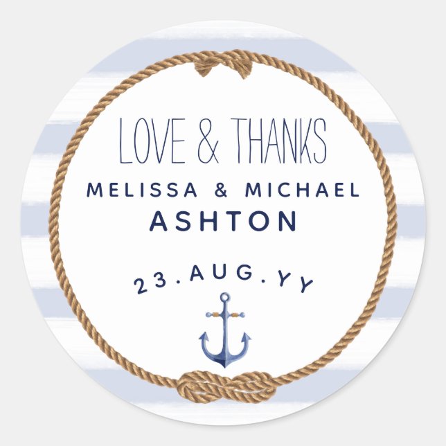 Pegatina Redonda Amor y gracias Nautical Blue & White Wedding Favor (Anverso)