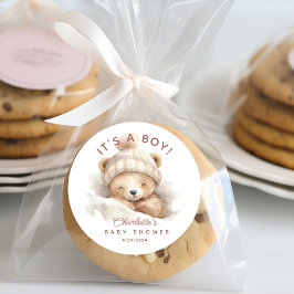 Pegatina Redonda Amortiguar al oso Baby Shower es un chico
