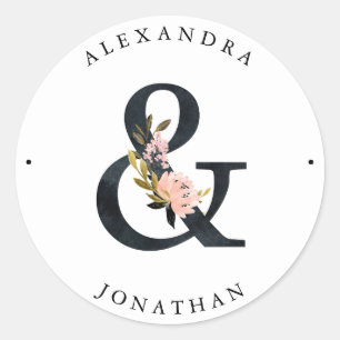 Pegatina Redonda Ampersand elegante   Boda blanco y negro