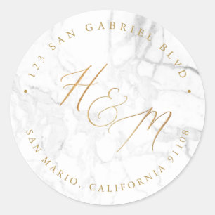 Pegatina Redonda Ampersand Monogram Calligraphy Faux Gold Marble