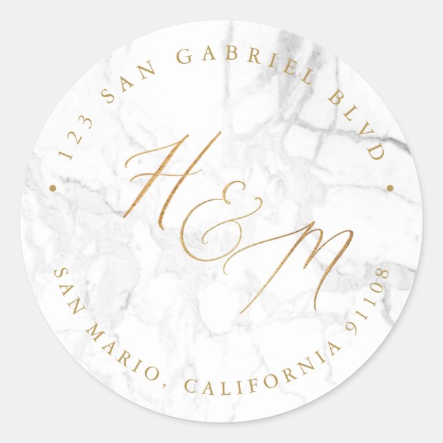 Pegatina Redonda Ampersand Monogram Calligraphy Faux Gold Marble (Anverso)