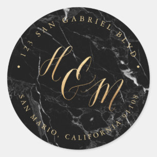 Pegatina Redonda Ampersand Monogram Calligraphy Faux Gold Marble