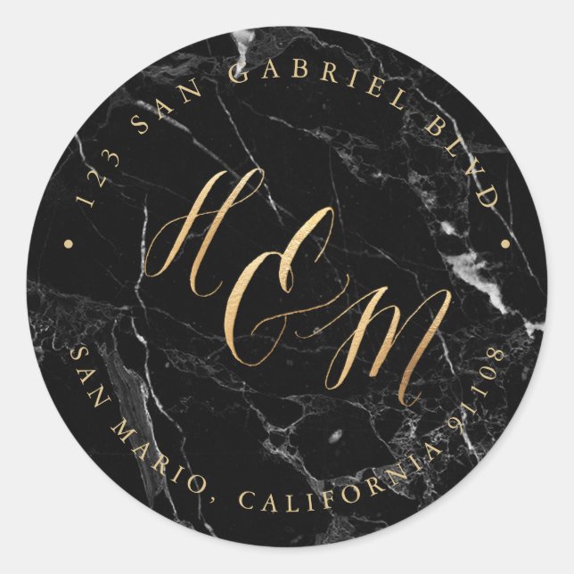 Pegatina Redonda Ampersand Monogram Calligraphy Faux Gold Marble (Anverso)