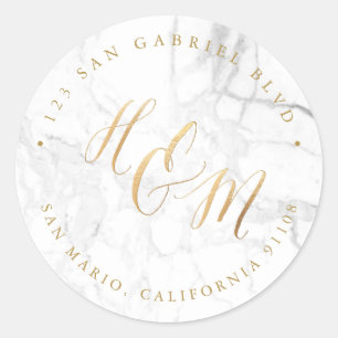 Pegatina Redonda Ampersand Monogram Calligraphy Faux Gold Marble