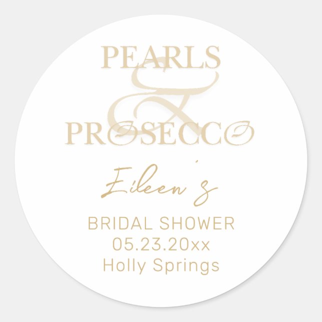 Pegatina Redonda Ampersand White Pearls & Prosecco Bridal Shower (Anverso)
