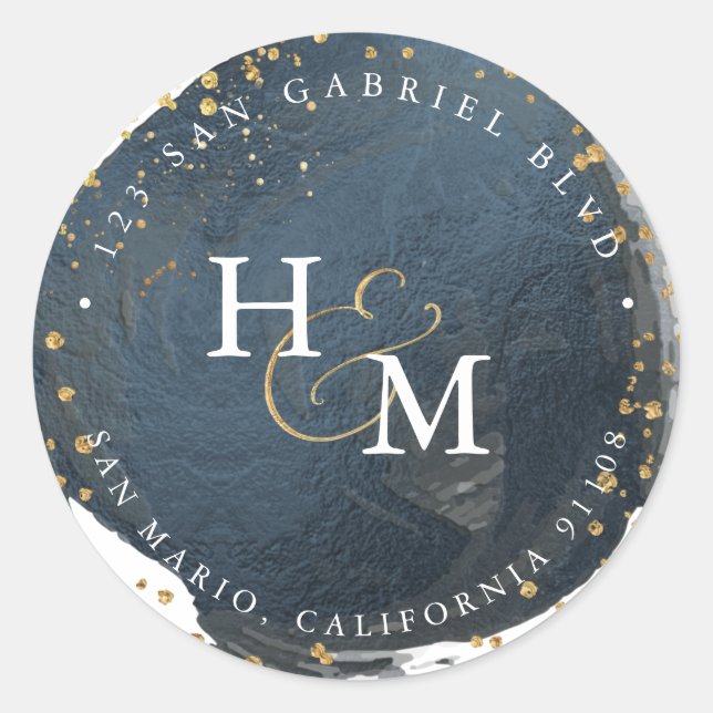 Pegatina Redonda Ampersor de escritura de pizarra azul Faux Gold (Anverso)