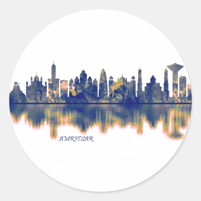 Pegatina Redonda Amritsar Skyline (Anverso)