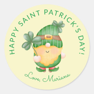 Pegatina Redonda Amuleto de trébol Gnomo Feliz día de San Patricio 