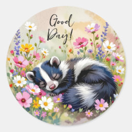 Pegatina Redonda An Adorable Skunk Napping in Flowers | Good Day