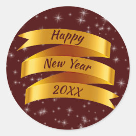 Pegatina Redonda Añadir año texto feliz año nuevo 20xx cinta de oro