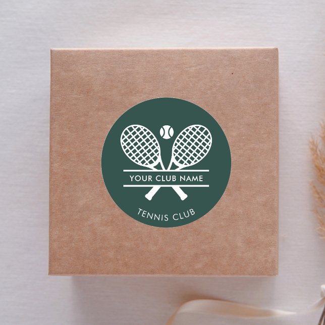 Pegatina Redonda Añadir el nombre del club Deportes de tenis Verde  (Lawn Tennis White Rackets Motif Green Round Sticker)