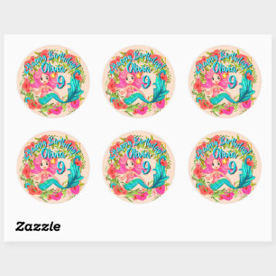 Pegatina Redonda Añadir nombre edad Pink Mermaid Blue Tail Birday P