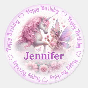 Pegatina Redonda Añadir nombre Fairy Happy Birday & Unicorn