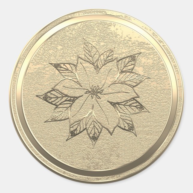 Pegatina Redonda Añadir Poinsettia de oro de texto diciembre (Anverso)