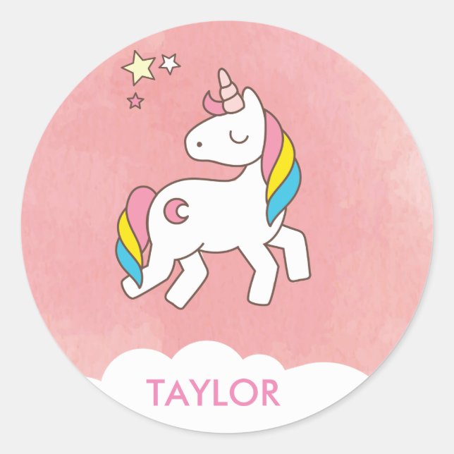 Pegatina Redonda Añadir su nombre Cute Magical Unicornio Personaliz (Anverso)