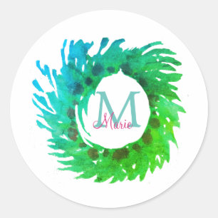 Pegatina Redonda Añadir una corona verde rosa monogramo